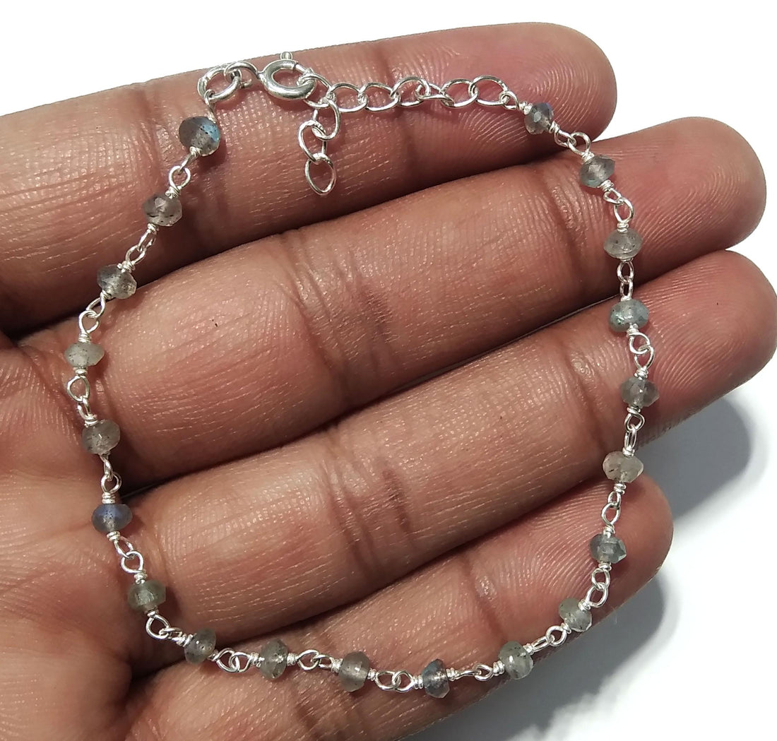Natural Labradorite Faceted Stone Bracelet, 925 Sterling Silver Jewelry Good Quality Labradorite Bracelet 8 inches Gift For Girls & Women.
