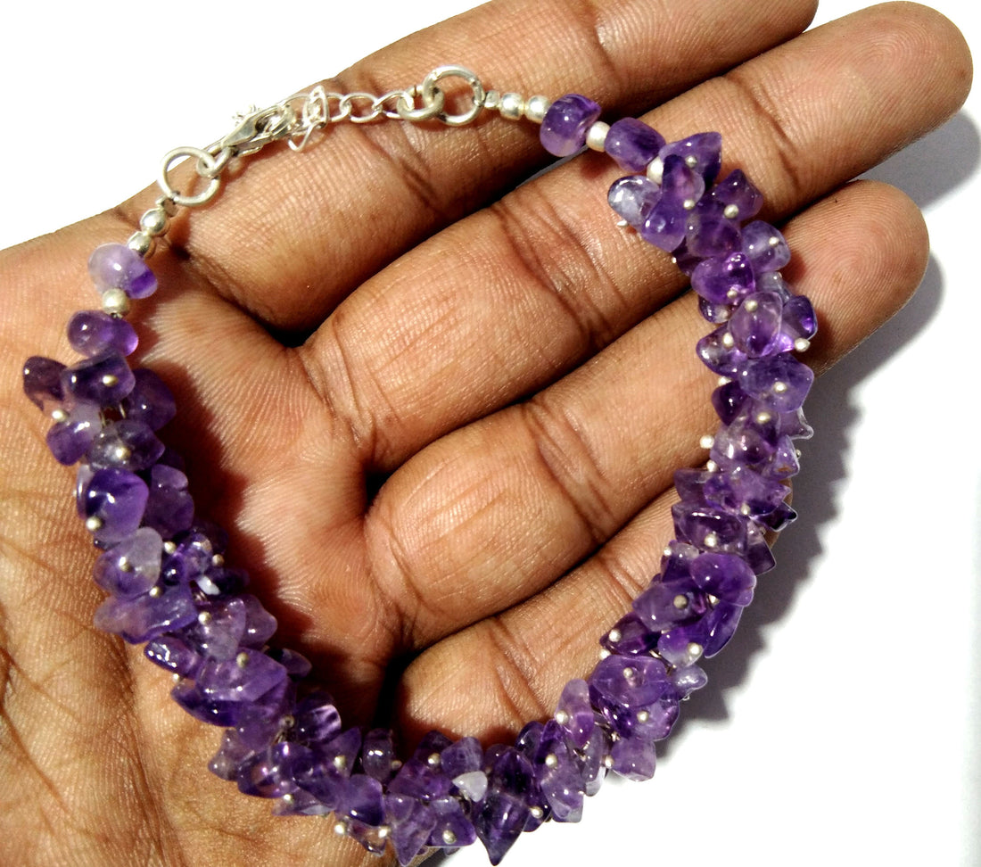 Amethyst Raw With 925 Silver Beaded Bracelet, Rough Crystal Jewelry, Gemstone Bracelet, Anxiety Healing Crystal Bracelet, Birthstone Jewelry