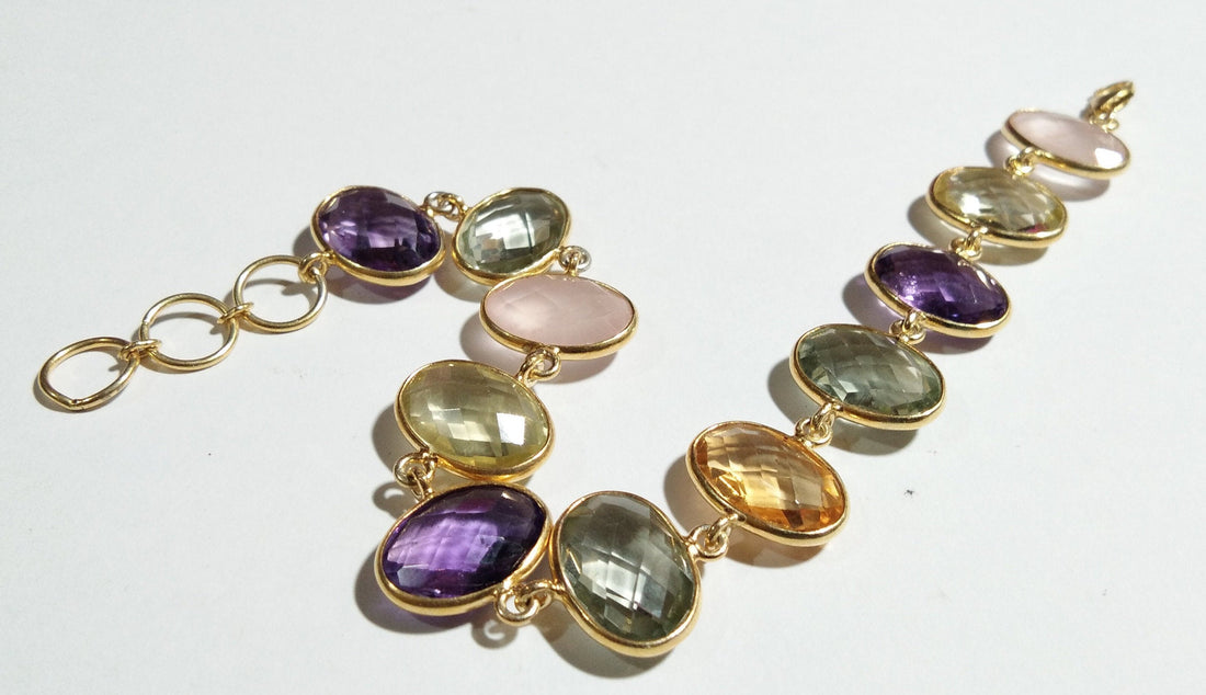 Green Amethyst,Amethyst,Citrine & Rose Quartz Bracelet, 925 Sterling Silver Jewelry, Good Quality Gemstone Bracelet, For Girls/Women Gift