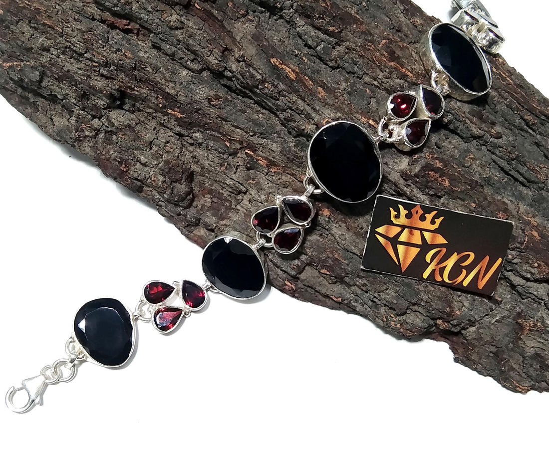 Natural Black Onyx, Garnet Gemstone Bracelet, Solid 925 Starling Silver Bracelet, 8 inches Gift Valentine day Bracelet, Handmade Jewelry