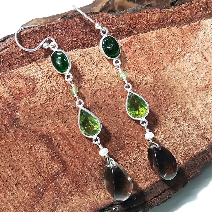 Natural Green Tourmaline/Peridot And Smoky Quartz Stone Earring, 925 Starling Silver Earring Handmade Making Jewelry Earring, Gift For Women