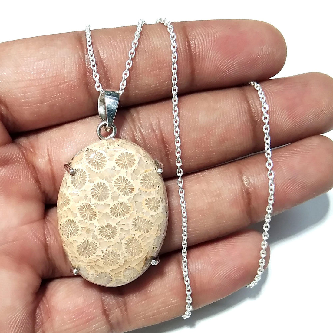 Natural Fossil Coral Gemstone Pendant, 925 Starling Silver Pendant Chain Necklace, Handmade Stone Size 32x23 mm Gift Birthstone Pendant