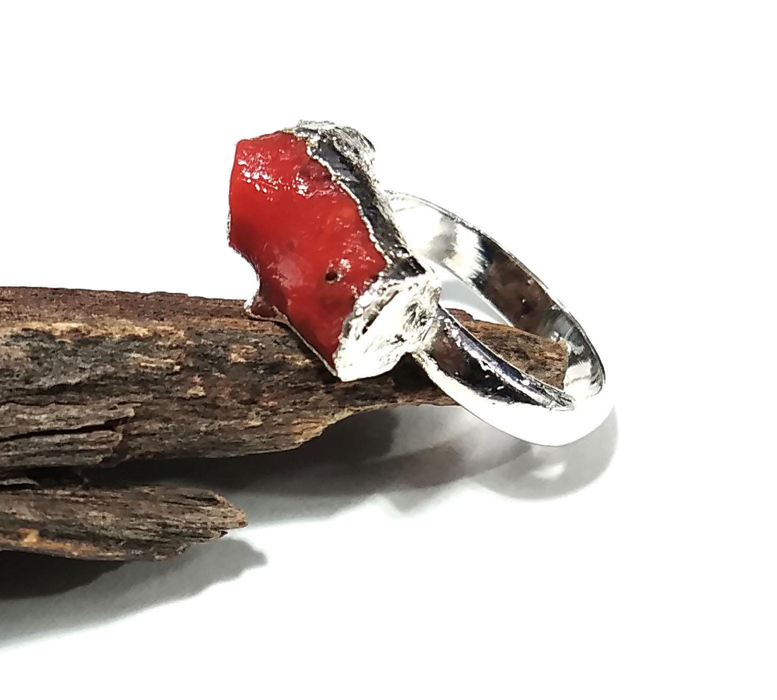 Red Coral Ring, Natural Rough Gemstone Ring, 925 Solid Sterling Silver Ring, Red Coral Stone Size 13x7mm Handmade Ring Gift Wedding Ring