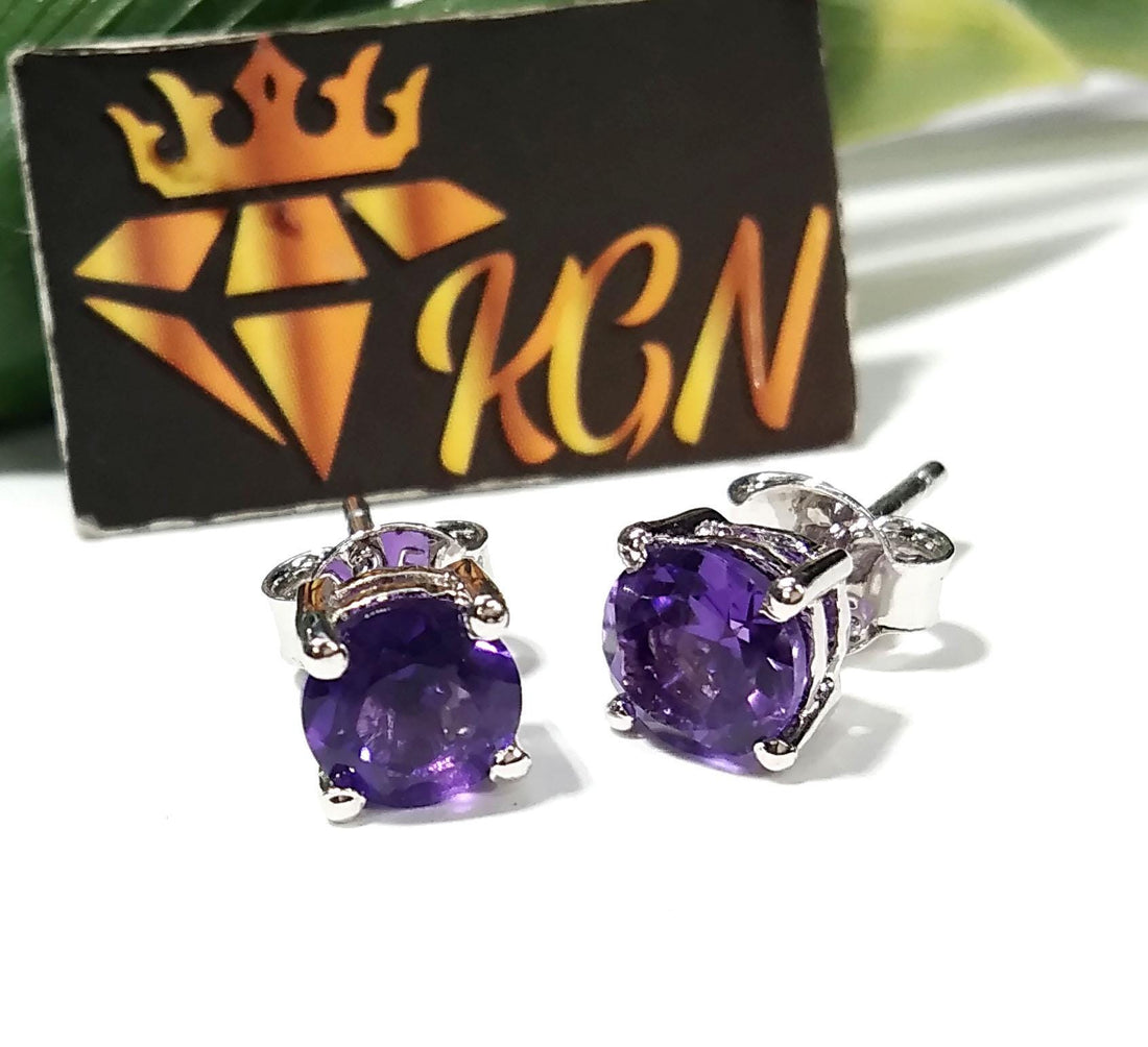 Amethyst Stud Earrings, 925 Solid Starling Silver Earring Jewelry, Natural Amethyst Gemstone Round Shape Stone Size 6x6 mm Gift For Women.