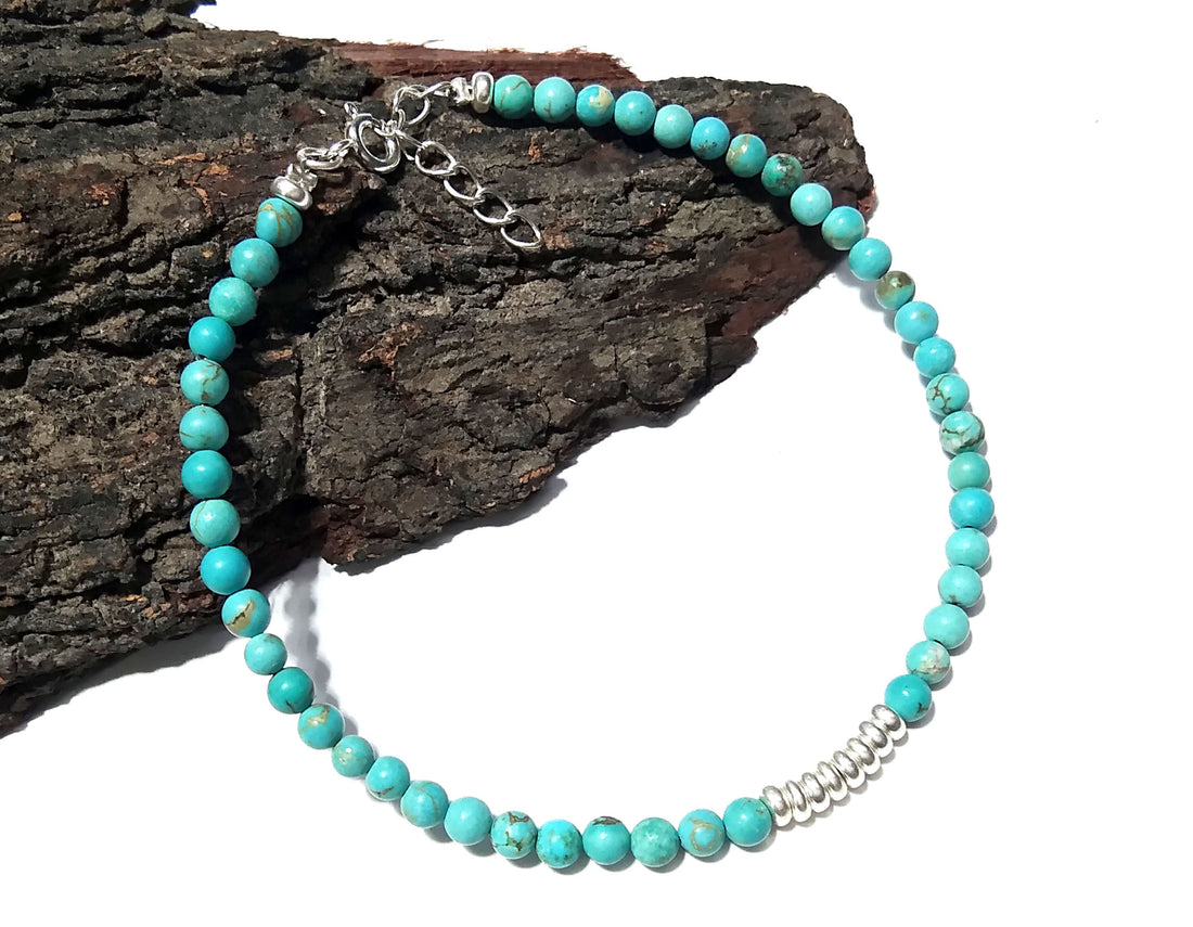 Natural Turquoise Gemstone Bracelet, Solid 925 Silver Wristlet Beaded Bracelet, Healing Crystal Beaded Bracelet, Men & Women Round Bracelet