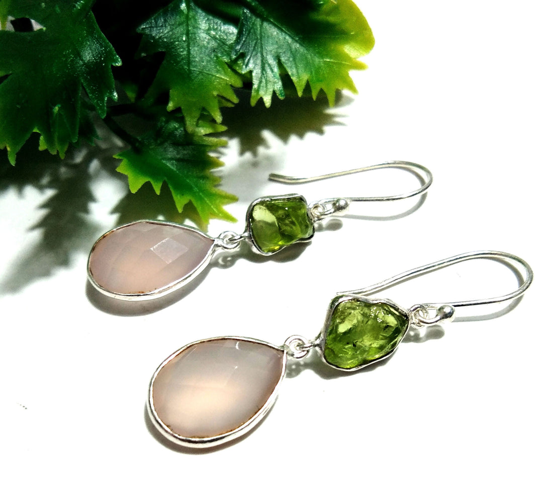 Very Beautiful Earring, 925 Sterling Silver Rose Chalcedony Peridot Raw Earring, Handmade Making Jewelry Earring, Gift For Girls & Women
