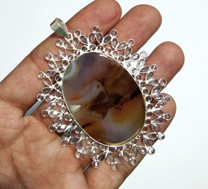 Natural Montana Agate, White Zircon Stone Pendant, 925 Solid Starling Silver Pendant, Stone Size 45x33mm For Gift Halloween day Sale Pendant