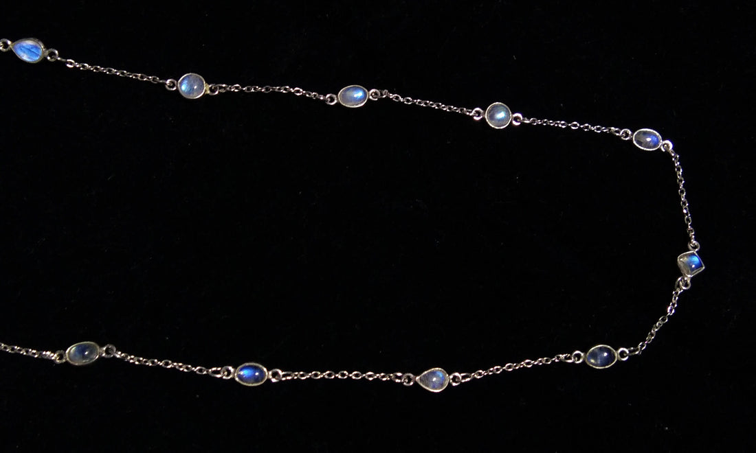 Natural Rainbow Moonstone Blue Fire Stone Chain Necklace, 925 Starling Silver Chain 44''Inches Adjuster Beaded Chain Necklace Jewelry Making