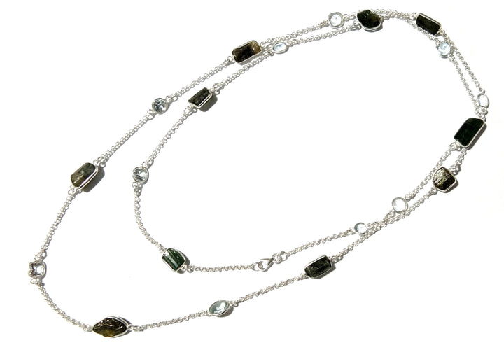 Beautiful Nice Log Necklace ! ALL Natural Gemstone Tourmaline Rough & White Topaz Log Bezel Necklace With 925 Starling Silver Length 36 inch