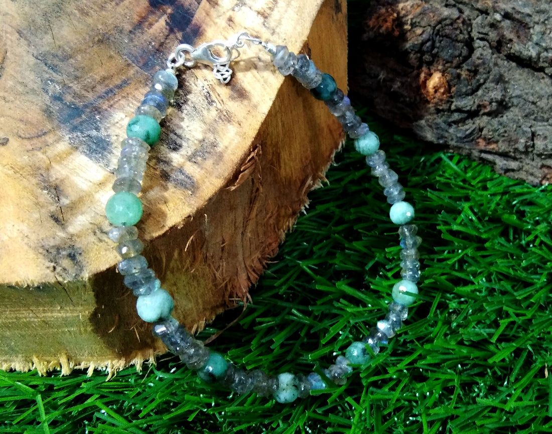 Natural Labradorite & Emerald Gemstone Bracelets With 925 Sterling Silver, Gemstone Beaded Adjustable Bracelets Gift for Girls/Women