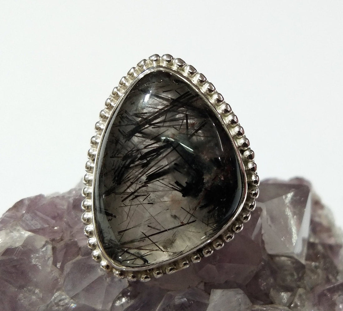 AAA+ Quality Natural Black Rutile Quartz Gemstone Ring, Solid 925 Starling Silver Ring, Black Rutile Ring, For Gift Wedding Ring Jewelry