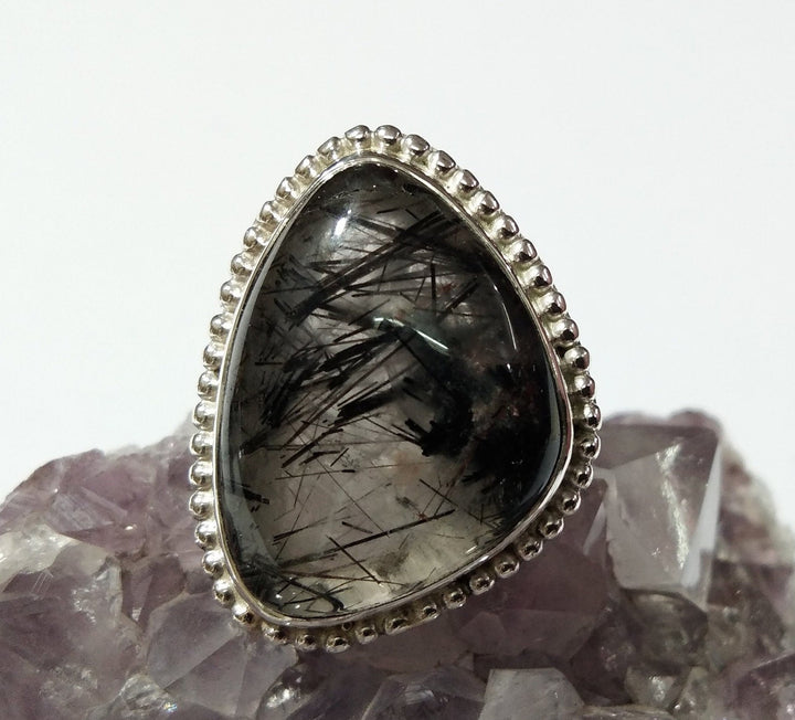 AAA+ Quality Natural Black Rutile Quartz Gemstone Ring, Solid 925 Starling Silver Ring, Black Rutile Ring, For Gift Wedding Ring Jewelry