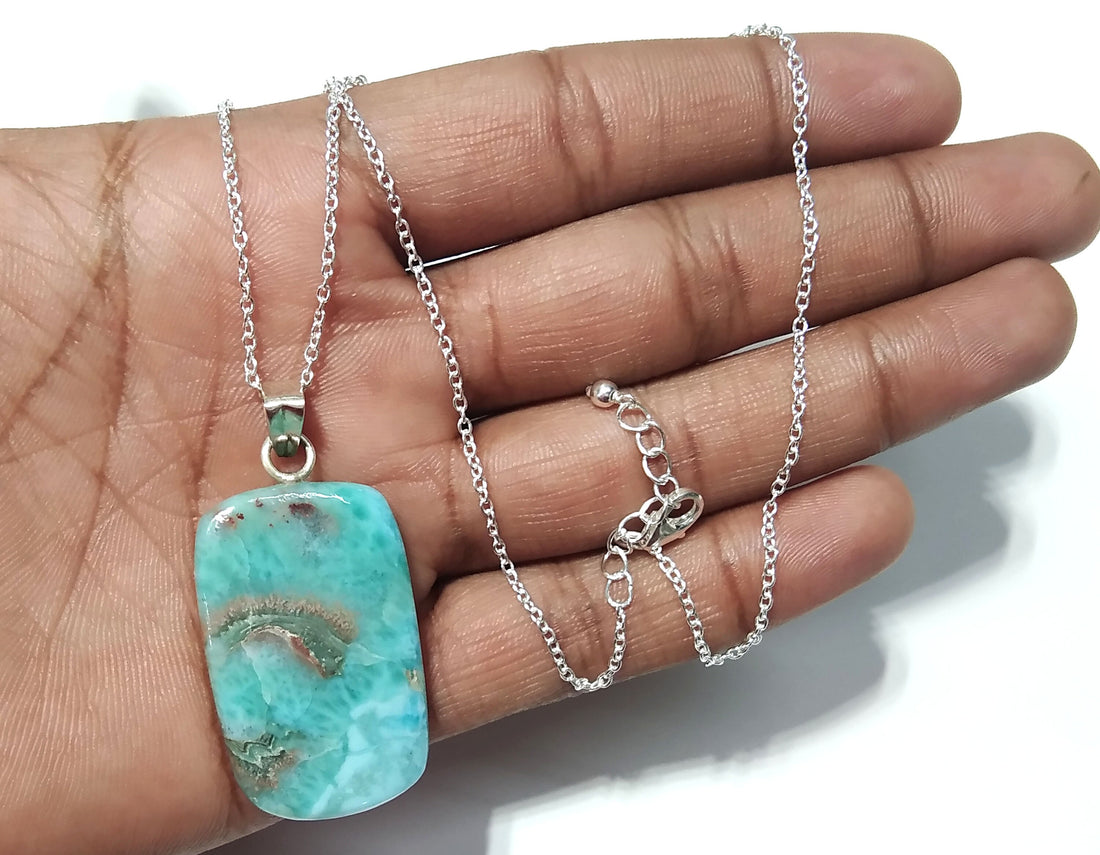 Natural Larimar Gemstone Chain Pendant, 925 Starling Silver Pendant Necklace, Handmade Jewelry Wonderful Larimar Stone Size 34x22 mm Pendant