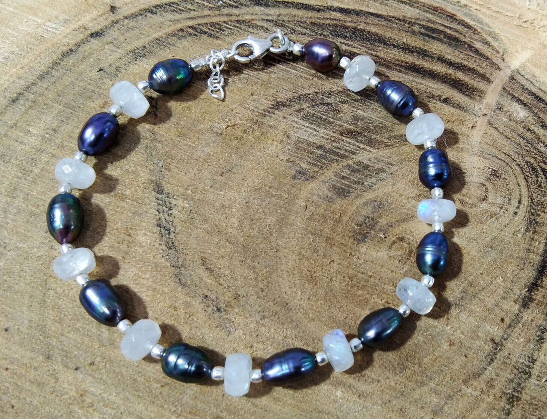 Rainbow Moonstone & Grey Pearl Adjustable Bracelets, Natural Gemstone With 925 Silver Jewelry, Wedding Bracelet, Bridesmaid Gift For Women