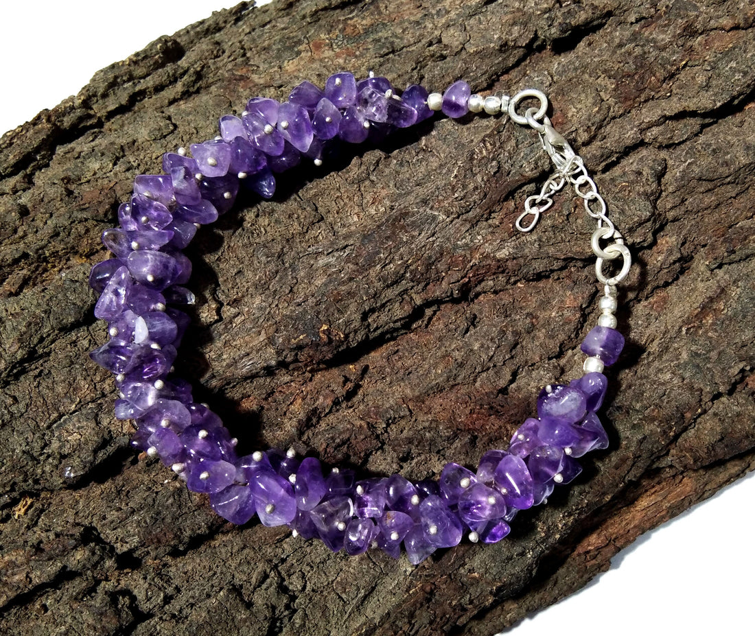 Amethyst Raw With 925 Silver Beaded Bracelet, Rough Crystal Jewelry, Gemstone Bracelet, Anxiety Healing Crystal Bracelet, Birthstone Jewelry
