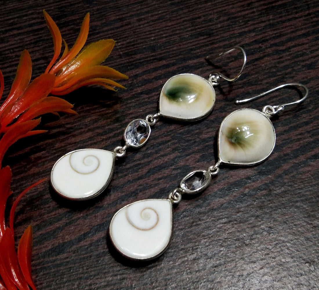 Natural Shiva Eye Shell Stone Earring, 925 Solid Starling Silver Earring, Beautiful Shiva Eye Shell/Topaz Stone Size 17x14 mm Gift Earring