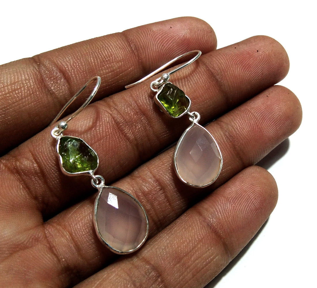 Very Beautiful Earring, 925 Sterling Silver Rose Chalcedony Peridot Raw Earring, Handmade Making Jewelry Earring, Gift For Girls & Women