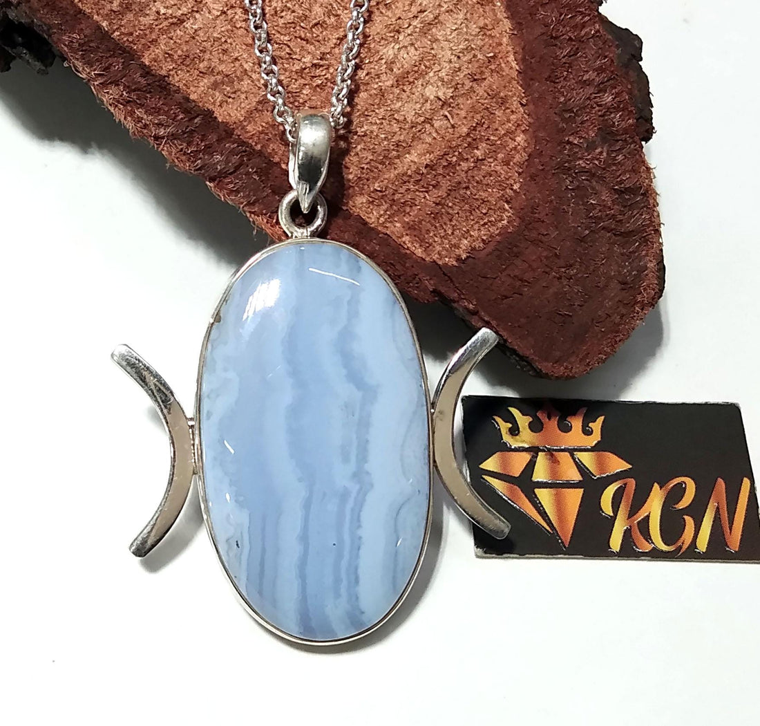Natural Blue Lace Agate Gemstone Chain Pendant, 925 Sterling Silver Pendant Jewelry, Silver Designer Handmade Pendant, Gift Birthday Pendant