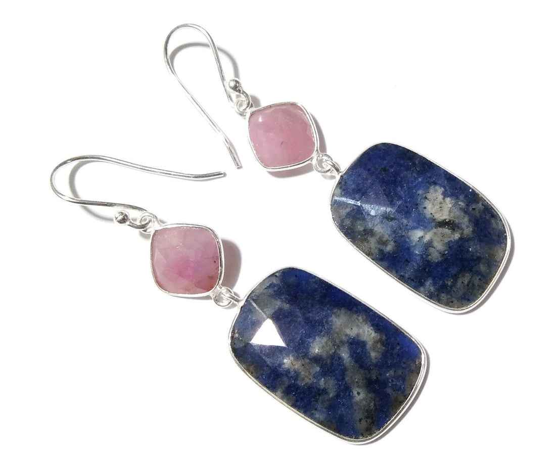 Beautiful Earring, Pink Sapphire, Blue Jade Natural Gemstone Faceted Earring, 925 Starling Silver Earring, Handmade Bezel Earring For Women.