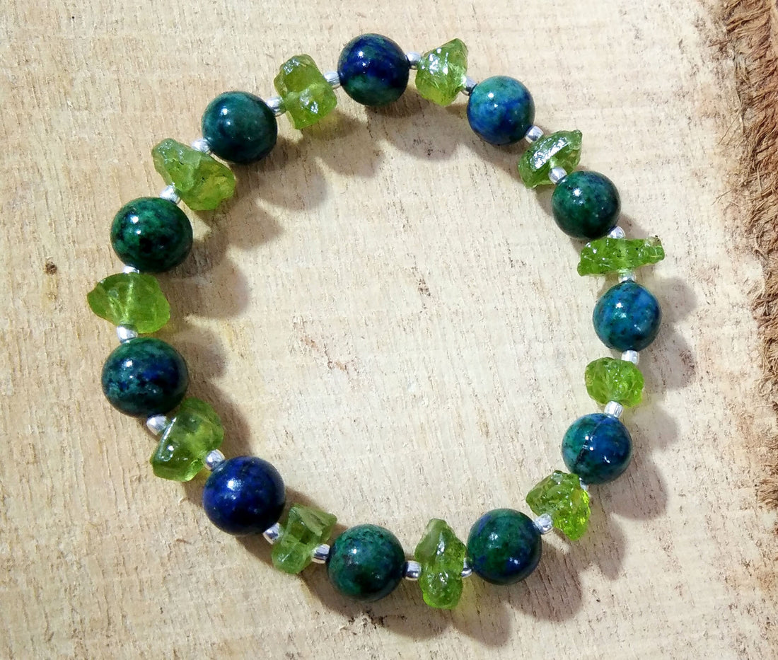 Natural Azurite Malachite & Peridot Stone Bracelet, 925 Sterling Silver Bracelet, Healing Crystal Beaded Bracelet Gift Easter day Bracelet