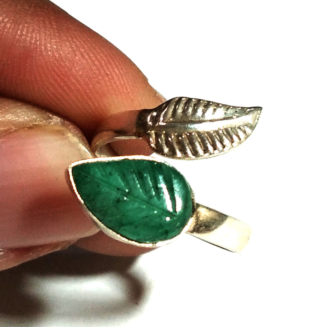Natural Emerald Leaf Carving Ring, 925 Solid Starling Silver Ring Jewelry, Pear Shape Beautiful Emerald Carving Stone Ring, Gift for Her
