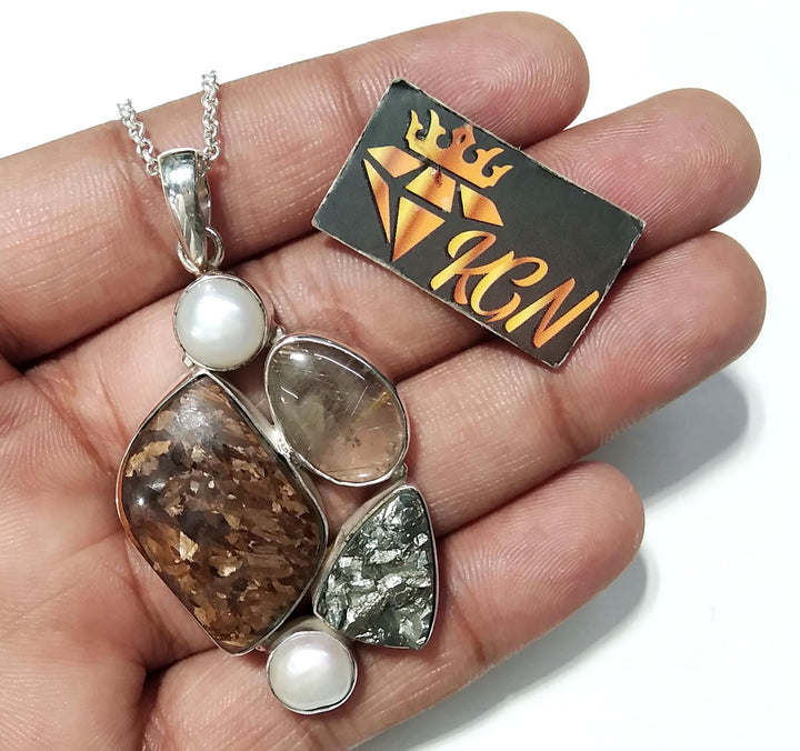 ALL Natural Gemstone Pendant, Bronzite With Real Multi Stone Pendant, 925 Starling Silver Jewelry Pendant, Handmade Making Stylish Pendant