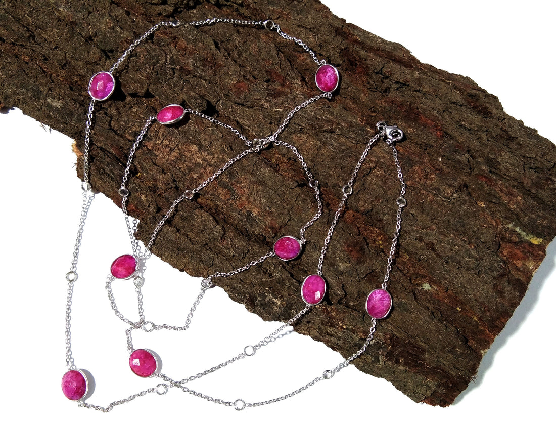 Ruby Necklace in 925 Sterling Silver With Zircon Polky Necklace, Handmade Bezel Necklace 40" Inches Length.
