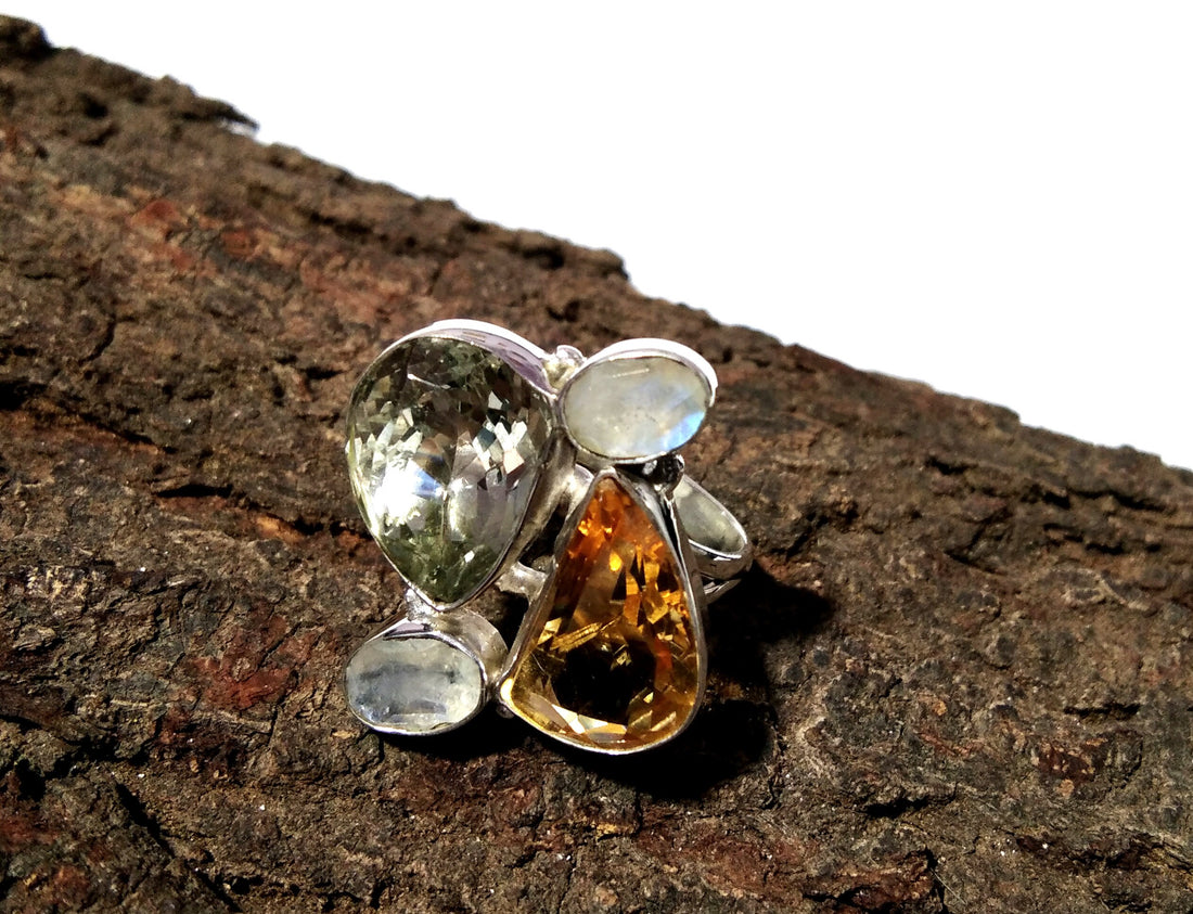 Green Amethyst, Citrine & Rainbow Moonstone Rings, 925 Sterling Silver Jewelry, Multi Natural Gemstone Ring, Handmade Jewelry