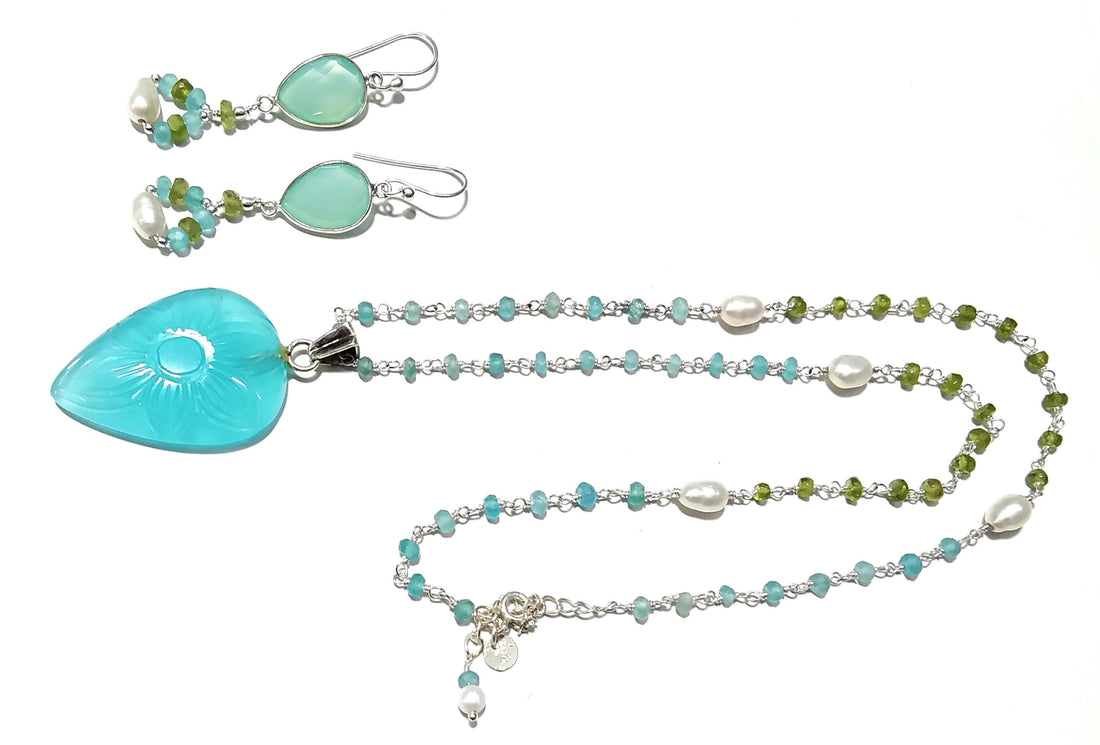 Aqua Calcy Carving Gemstone Earrings And Necklace Jewelry Set, 925 Sterling Silver Jewelry Necklace, Handmade Necklace Gift For Girls/Women