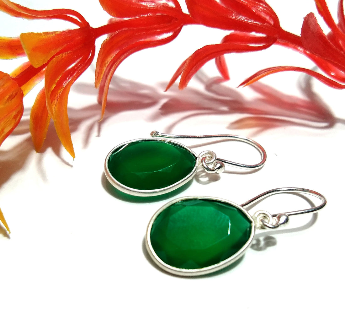 Amazing Natural Green Onyx Stone Earring, Solid 925 Starling Silver Earring, Green Onyx Fancy Shape Stone Size 14x10mm Gift Birthday Earring