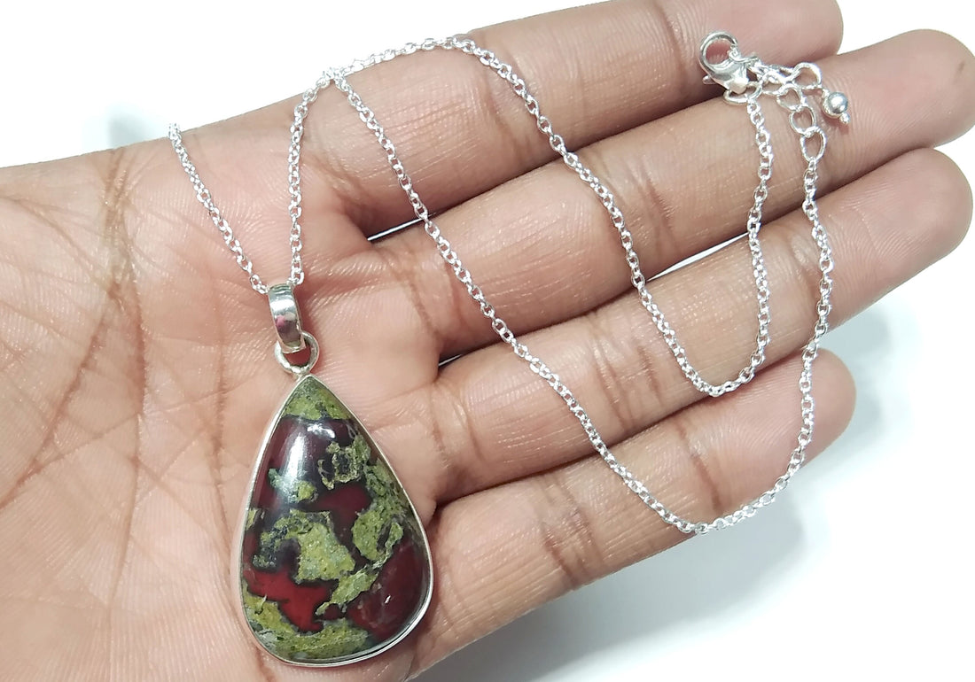 Natural Dragon Blood Jasper Pendant, Solid 925 Sterling Silver, Handmade Jewelry Dragon Blood Jasper Chain Necklace, Gift For Girls & Women.