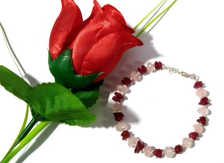 Natural Gemstone Ruby & Rose Quartz Bracelet, Healing Crystal Stone Beaded Bracelet, Bridesmaid Gift, Friendship Bracelet 925 Silver Jewelry