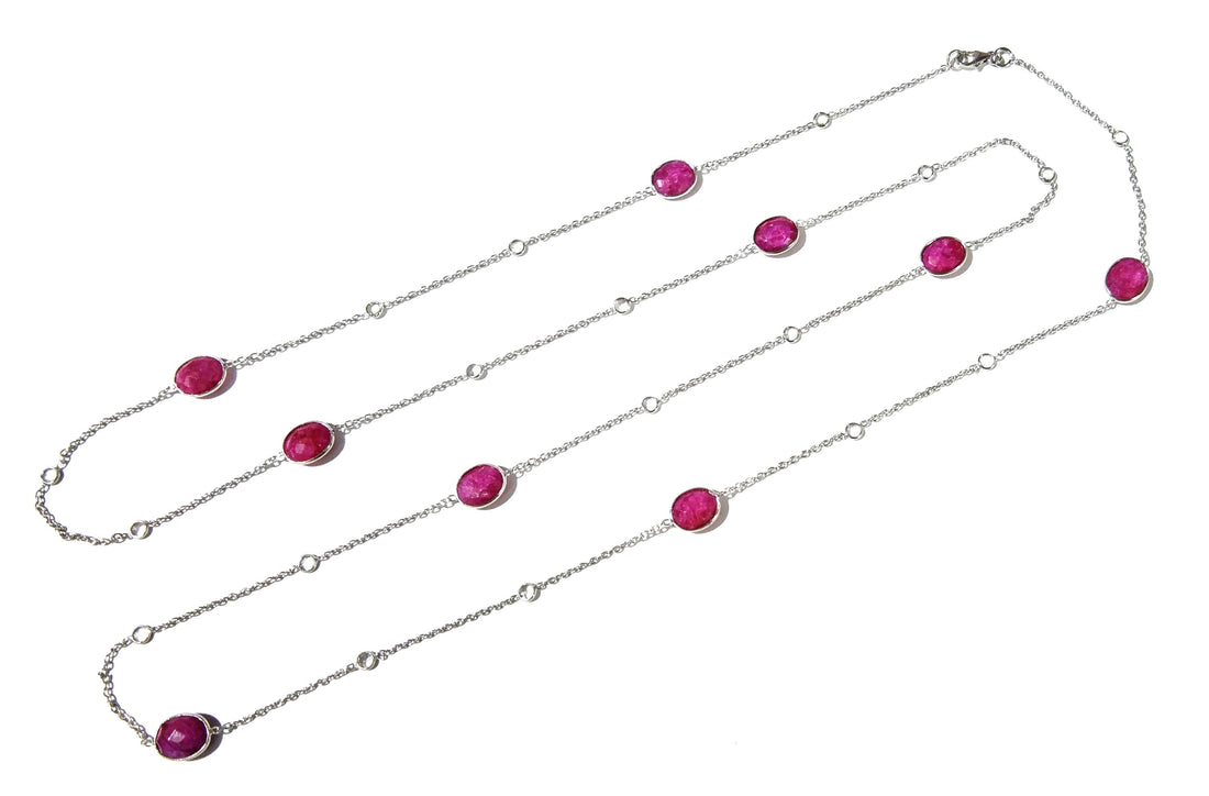 Ruby Necklace in 925 Sterling Silver With Zircon Polky Necklace, Handmade Bezel Necklace 40" Inches Length.