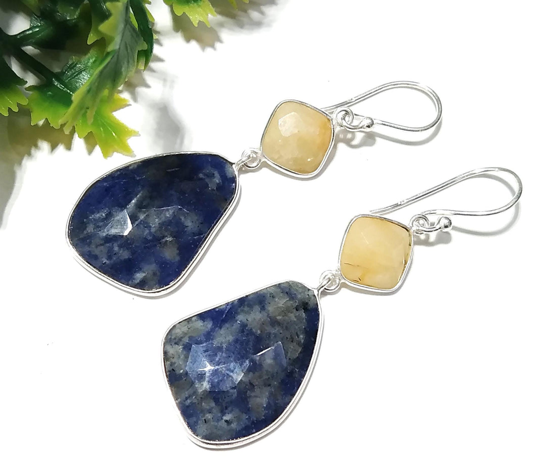 Very Nice Earring ! Yellow Sapphire & Blue Jade Natural Gemstone Earring, 925 Solid Starling Silver Jewelry, Handmade Bezel Earring For Gift