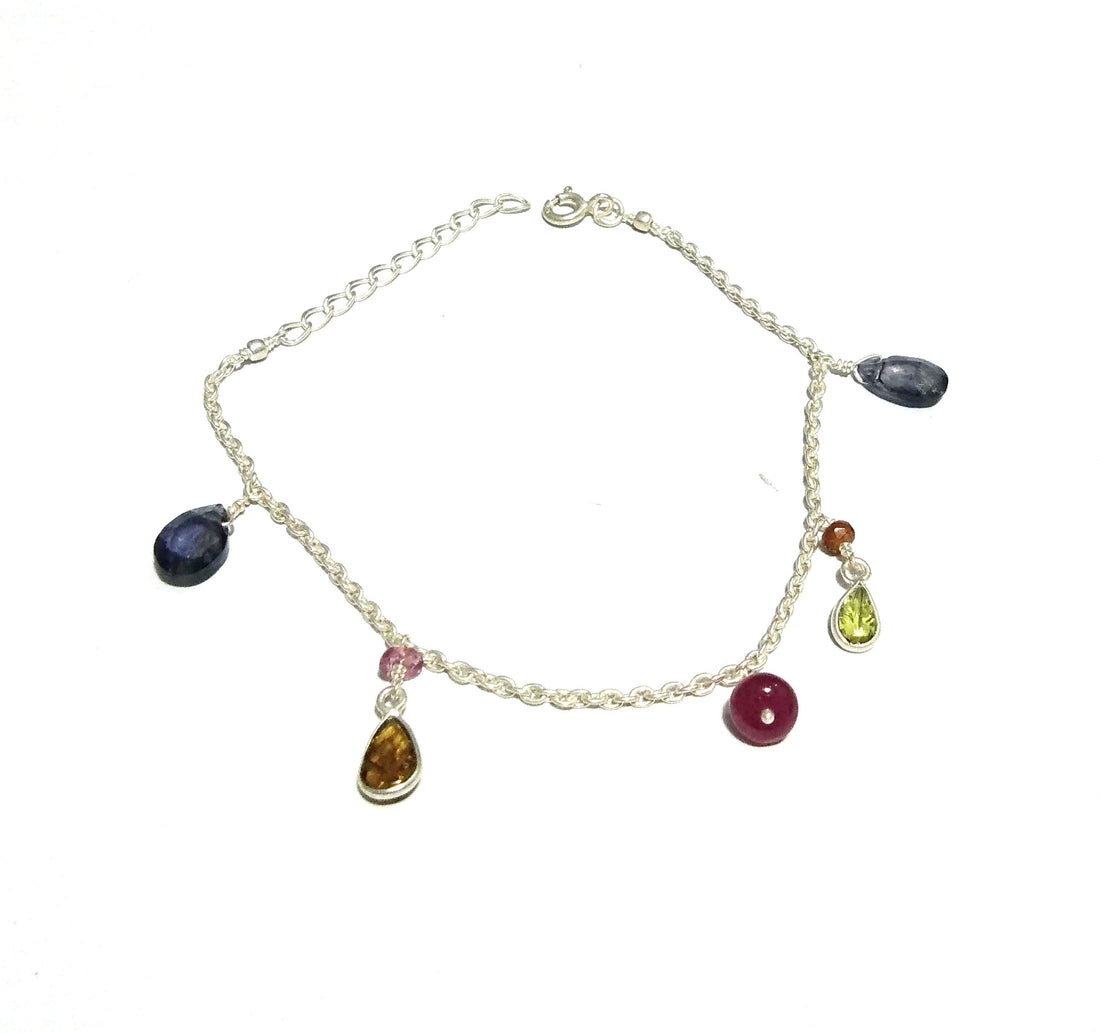 Natural Multi Tourmaline/Iolite Stone Chain Bracelet, 925 Sterling Silver Chain Stone Bracelet, Wedding Bracelet Gift Valentine day Bracelet