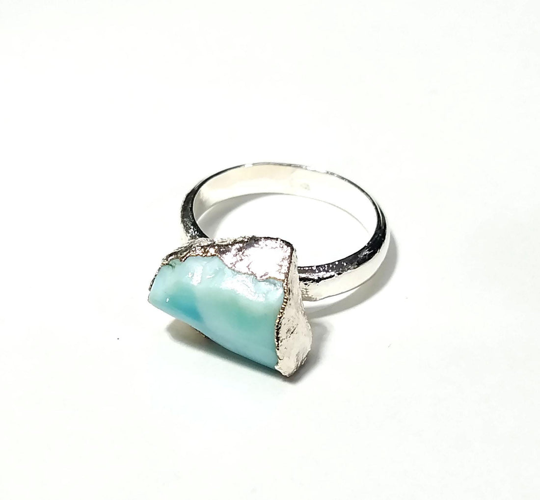 Natural Raw Larimar Rough Gemstone Ring, 925 Solid Sterling Silver Ring, Larimar Stone Size 12x8mm Handmade Ring, Gift Wedding Ring Jewelry