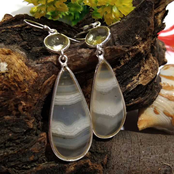 Natural Yellow Lace Agate Gemstone Earring, 925 Starling Silver Earring, Handmade Silver Jewelry, Yellow Agate Stone Earring, Gift Wedding