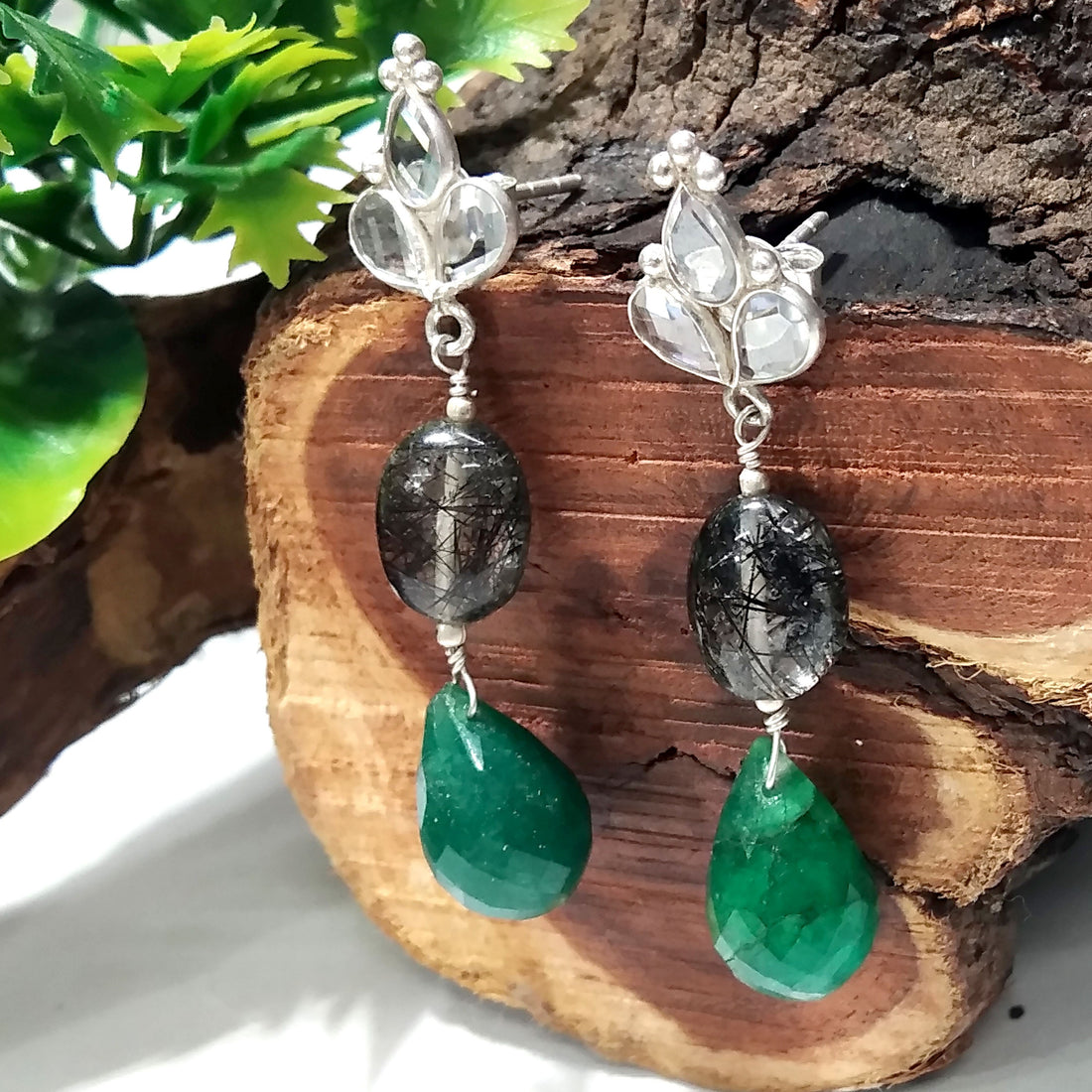 Beautiful Rutile Quartz/Zircon And Green Jade Gemstone Earrings ! 925 Silver With Natural Gemstone Zircon Faceted & Rutile Quartz Earrings