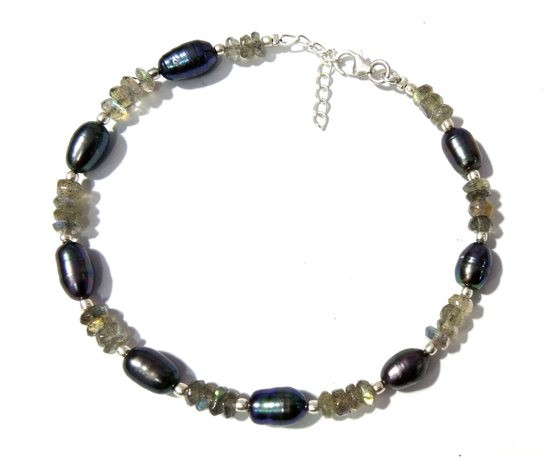 Labradorite & Grey Pearl Adjustable Bracelet, Natural Gemstone With 925 Silver Jewelry, Wedding Bracelet, Friendship Bracelet Gift For Women