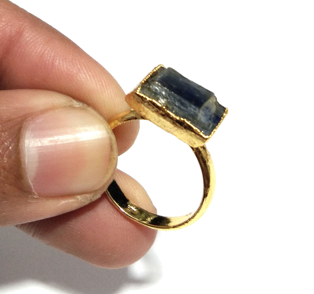 Natural Blue Kyanite Raw Stone Ring, Solid 925 Sterling Silver With Gold Plated Ring, Kyanite Stone Size 9x13mm Handmade Gift Statement Ring