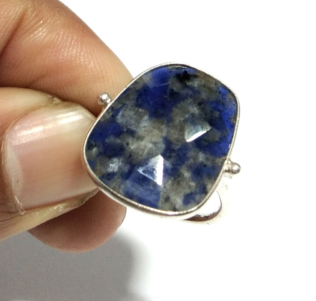 Blue Spot Jasper Checker Cut Stone Ring, 925 Solid Starling Silver Ring, Gemstone Size 16x21 mm Natural Blue Spot Jasper Stone Gift Ring