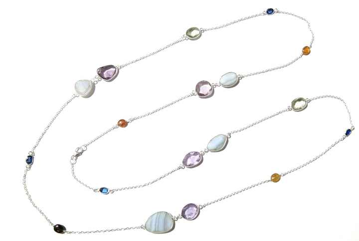 42'' Log Chain Bezel Necklace ! ALL Natural Gemstone Kyanite, Tourmaline, Amethyst & Blue Lace Necklace, 925 Solid Sterling Silver Jewelry.