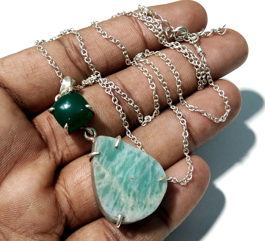 Natural Druzy Amazonite/Green Onyx Gemstone Chain Pendant Necklace, 925 Starling Silver Pendant Handmade Jewelry For Gift Wedding Pendant