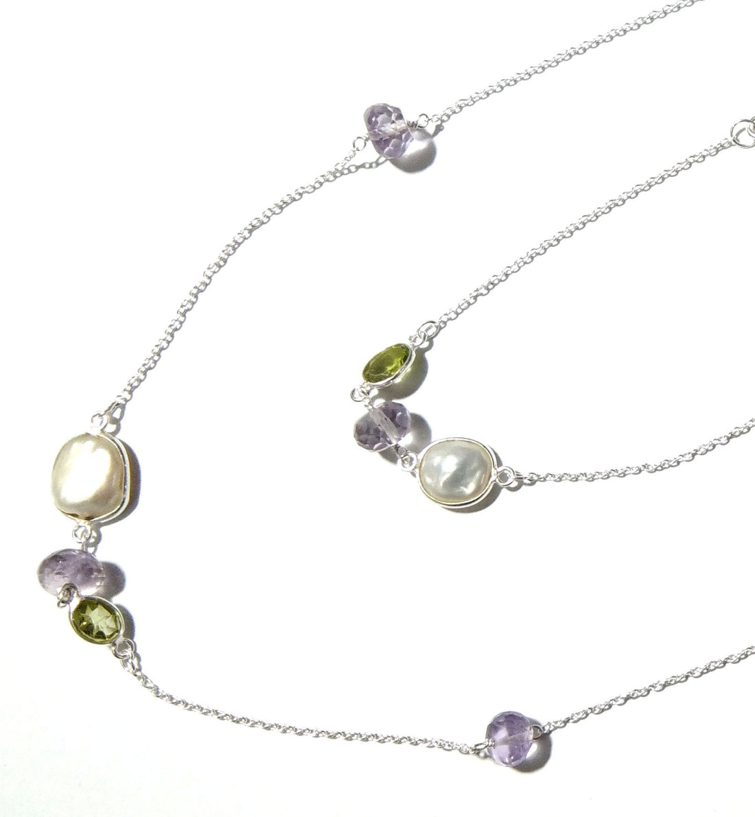 Beaded Log Necklace ! 925 Starling Silver With Natural Gemstone Peridot, Amethyst & Fresh Water Pearl Necklace, Beautiful Necklace For Women