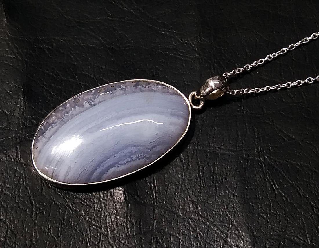 Natural Blue Lace Agate Gemstone Pendant, 925 Starling Silver Pendant Chain Necklace, Handmade Jewelry Stone Size 37x21 mm Gift Pendant