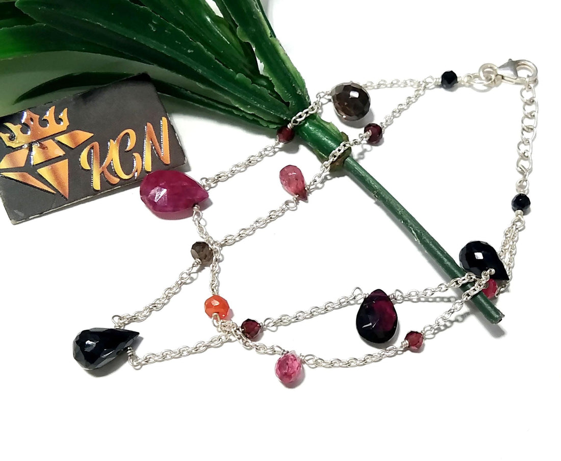 Red Ruby And Smoky Quartz Stone Bracelet, 925 Sterling Silver Bracelet, Natural Ruby,Smoky Adjustable Bracelet, 8 inches Gift Valentine day