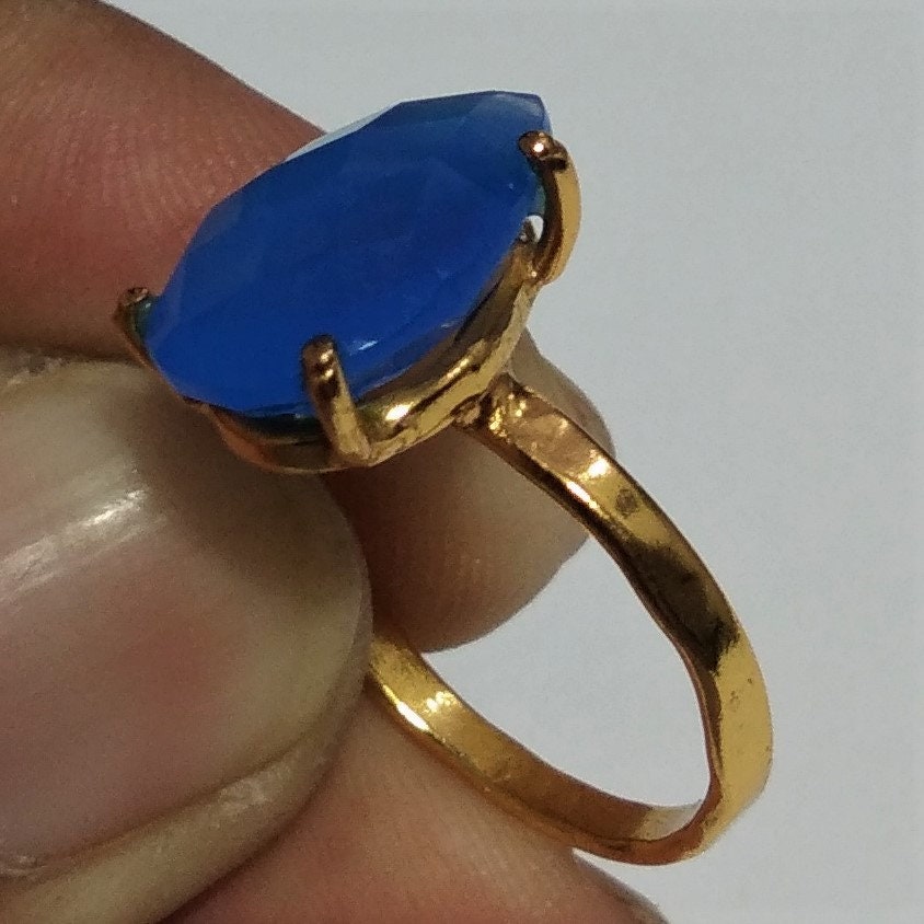 Natural Blue Chalcedony Gemstone Ring, 925 Solid Sterling 18k Gold Plated Silver Ring, Chalcedony Stone Size 14x10 mm Gift Mother's day Ring