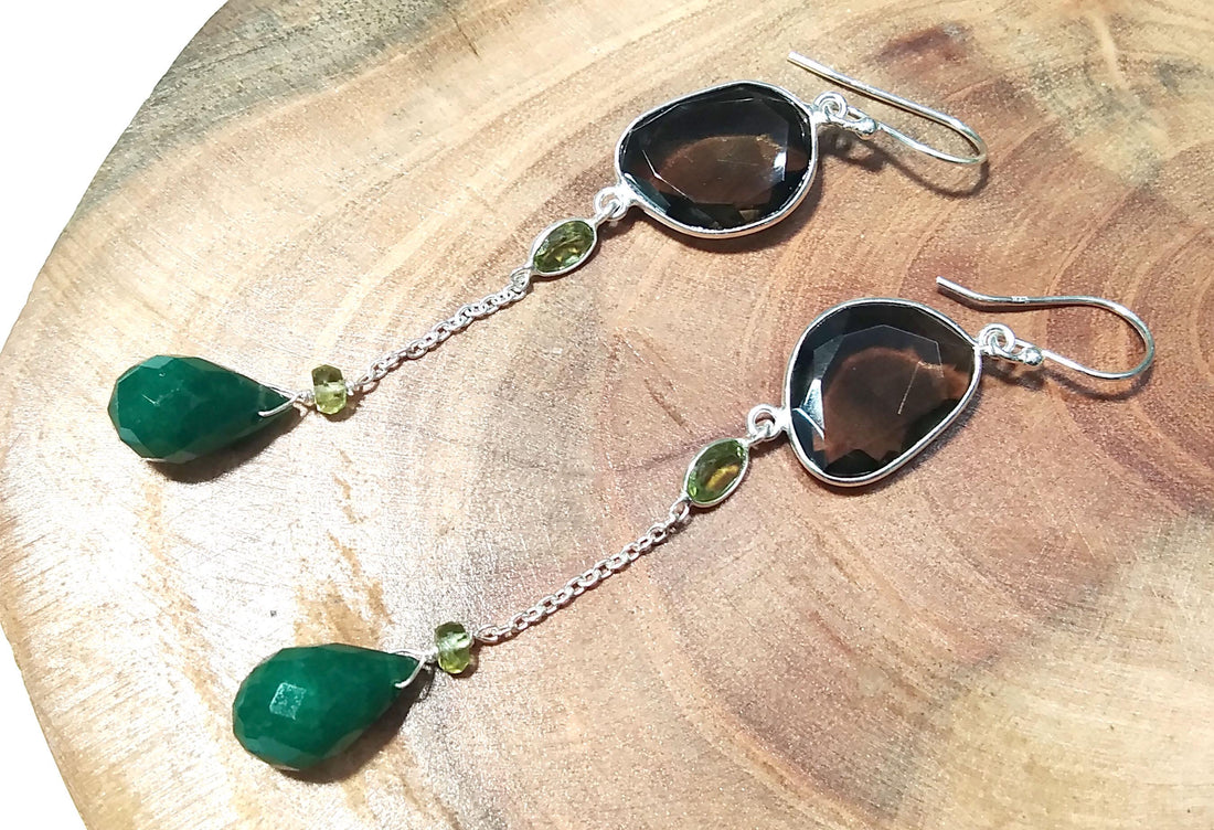 Solid 925 Starling Silver Earrings, Natural Green Jade, Peridot & Smoky Quartz Gemstone Earring, Handmade Earring Jewelry Gift For Women
