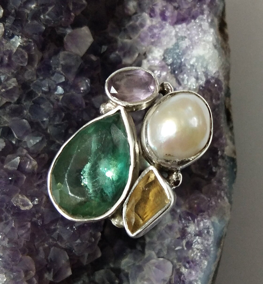 Fluorite, Citrine, Amethyst & Pearl Gemstone Ring, Very Beautiful Handmade Making Rings, ALL Natural Gemstone With 925 Starling Silver Ring