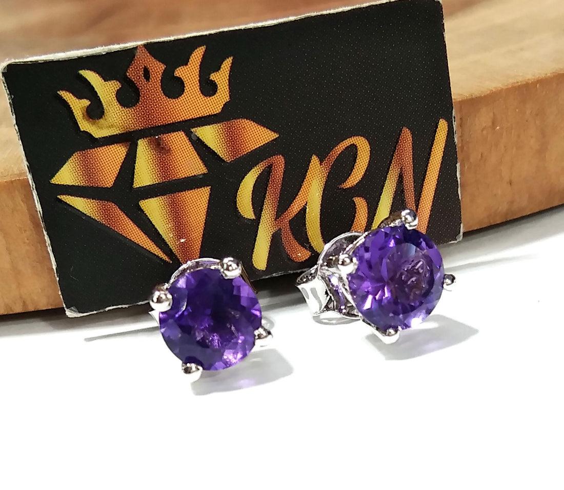 Amethyst Stud Earrings, 925 Solid Starling Silver Earring Jewelry, Natural Amethyst Gemstone Round Shape Stone Size 6x6 mm Gift For Women.